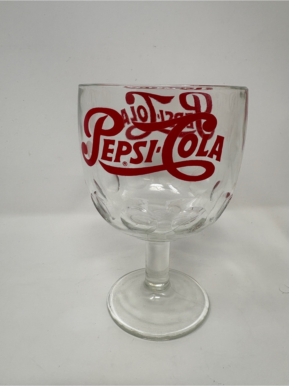 Vintage Pepsi-Cola Soda Goblet Thumbprint Heavy Stemmed Schooner Drinking Glass